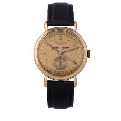 an image of a gold wrist watch with a black leather strap