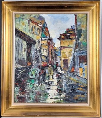 an oil painting of a street scene with people walking in the rain
