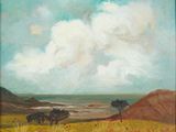 a painting of a view of the ocean from a hill