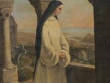 an old painting of a woman in a white robe standing by a window