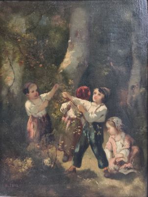 tableau représentant deux enfants jouant avec un oiseau dans un environnement boisé