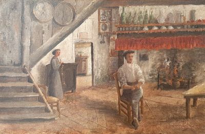 a painting of a man sitting in a chair in a room