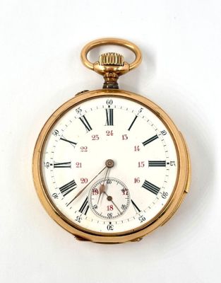 a gold pocket watch with roman numerals on it