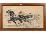 painting of two horses pulling a carriage with a man on it