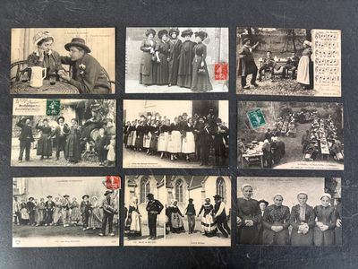 several old black and white photographs of men and women and children