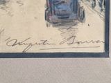 painting of a car driving down a street with people walking on the sidewalk