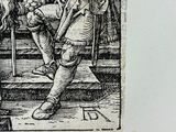 a black and white drawing of a man and a dog