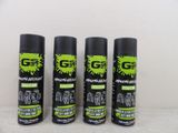 three sprays of black and green paint sitting next to each other