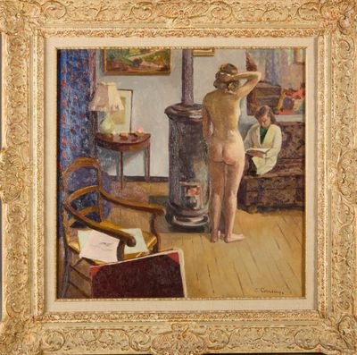 Eugène CORNEAU ((1894-1976). Nu féminin devant le poêle. - Photo 1