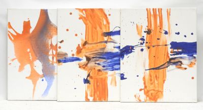 three paintings on a white wall with orange and blue paint