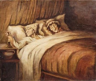 a painting of two people sleeping in a bed