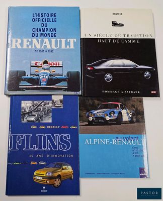 four books on a table with a yellow car and a blue car