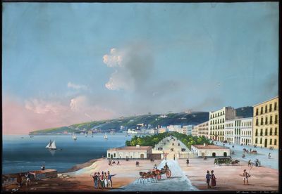 tableau représentant une vue de ville avec des personnes marchant sur la plage et des bateaux sur l'eau