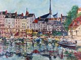 a painting of a harbor scene with boats in the water