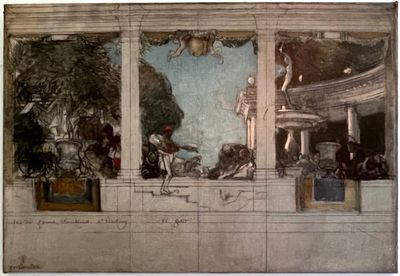 painting of a group of people sitting on a ledge in front of a building