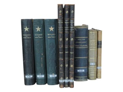 several old books are lined up on a shelf in front of a white background