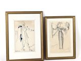 deux dessins encadrés représentant un homme et une femme en robe