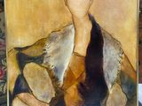 painting of a woman in a fur coat sitting on a table