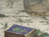 a painting of a book on the ground next to a glass jar