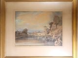 framed picture of a painting of a river scene with a boat in the foreground
