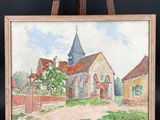 an oil painting of a church on an easel on a black background