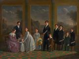 an old painting of a family posing for a picture in front of a painting