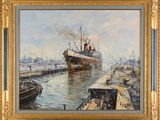 an oil painting of a ship docked at a dock with other boats