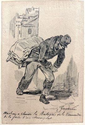 un vieux dessin représentant un homme portant un sac de voyage