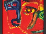 a painting of a man ' s face with a red background