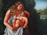 une peinture représentant une femme tenant un bébé dans ses bras
