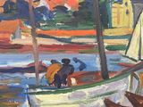 painting of boats in a harbor with a mountain in the background