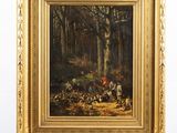 une peinture à l'huile représentant un tableau où l'on voit un groupe de personnes dans une forêt