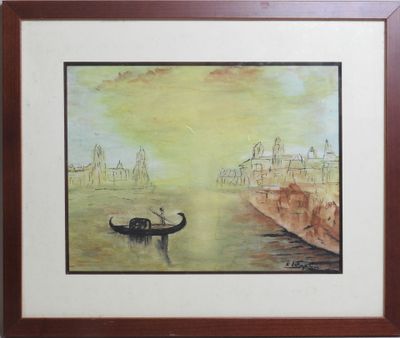 painting of a gondola on a river with a city in the background