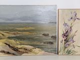 two paintings of flowers on a shelf next to a painting of a beach