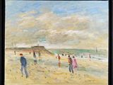 a painting of people walking on the beach by the water