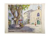 a watercolor painting of a street scene with a fountain