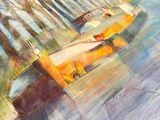 a picture of a painting of a yellow car on the street