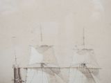 a painting of a ship in the water with a boat in the background