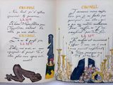 an open book with a drawing of a woman ' s shoes and a candle