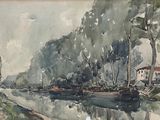 une aquarelle représentant un bateau sur une rivière