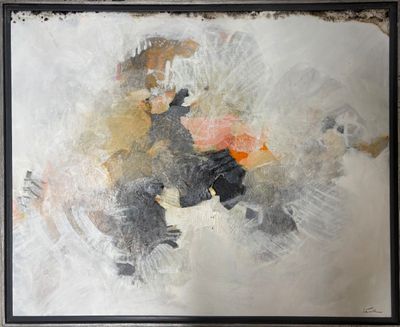 abstract painting of a man riding a skateboard on a white surface