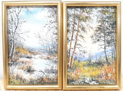 tableau représentant deux peintures d'une rivière et d'arbres, dans un cadre doré