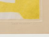 yellow and white painting of a man holding a tennis racquet in his right hand