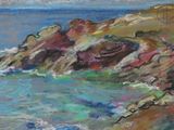 pastel painting of a beach scene with rocks and water