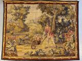 tableau représentant une femme tirant une brouette remplie de fleurs dans un jardin
