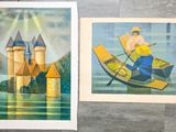 deux tableaux représentant un homme dans un bateau et un château