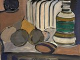 a painting of a kitchen with a stove and dishes on the counter