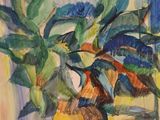 a painting of a potted plant in front of a window