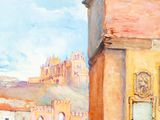 a painting of a couple of people standing outside of a building