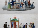 deux dessins représentant des personnes en tenues élégantes et coiffées de chapeaux, à bord d'un bateau
